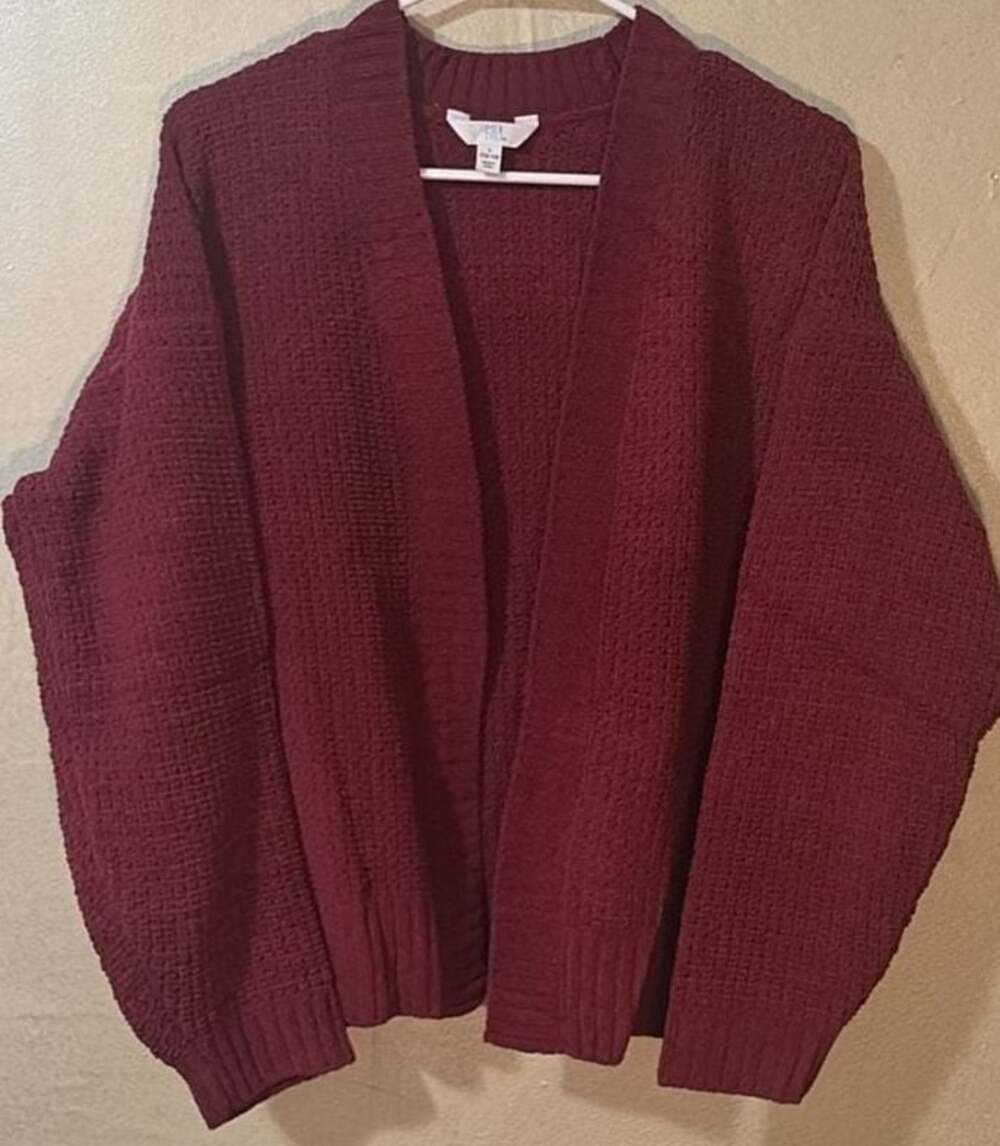 Time and Tru Maroon Red Waffle Knit Open Front Cardigan Sweater Size L (12-14)